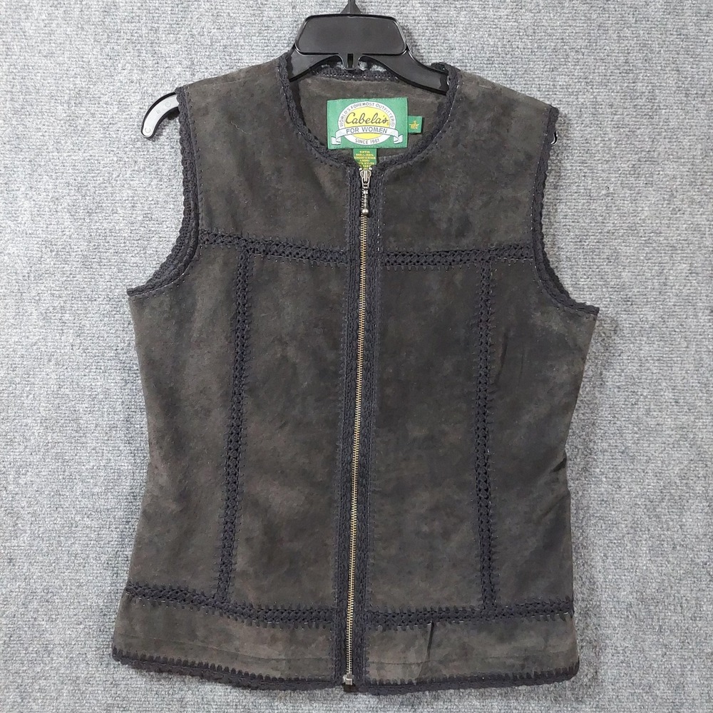 Cabela's Leather Vest Womens Small Black‎ Suede Zip Front Lined Western Outdoors